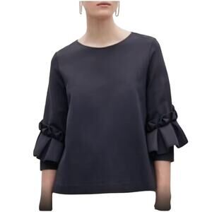 COS Women Frill Sleeved Pleated Ruffled Sleeve Black Blouse Top Size Large